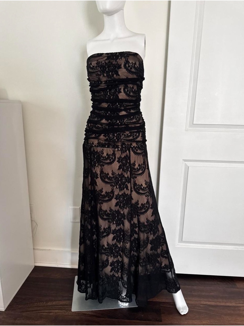 Spiegel Strapless Black Lace over Nude Evening Gown